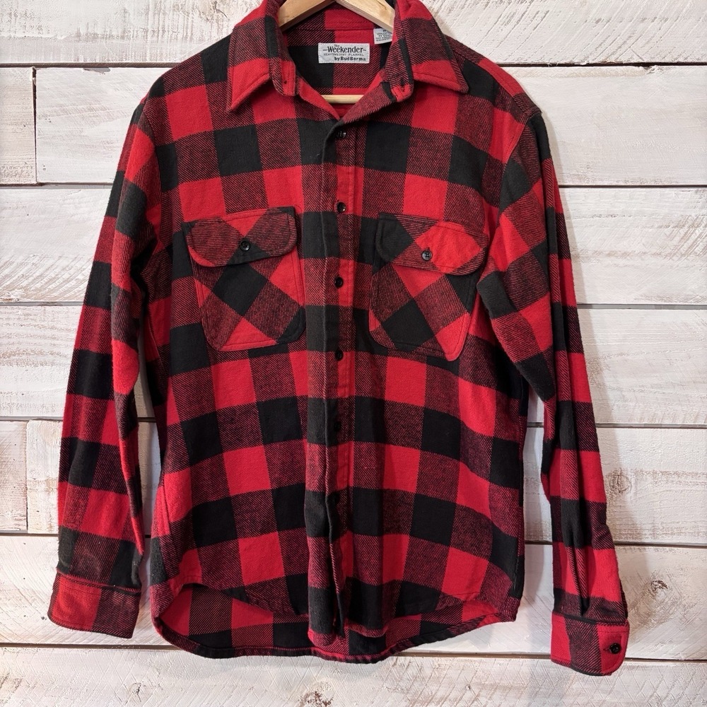 Vintage Flannel Bud Berma‎ The Weekender Long sleeve Sz Med Red 100% Cotton